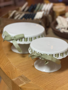 White Ceramic Cake Stand w/ Green Ribbon