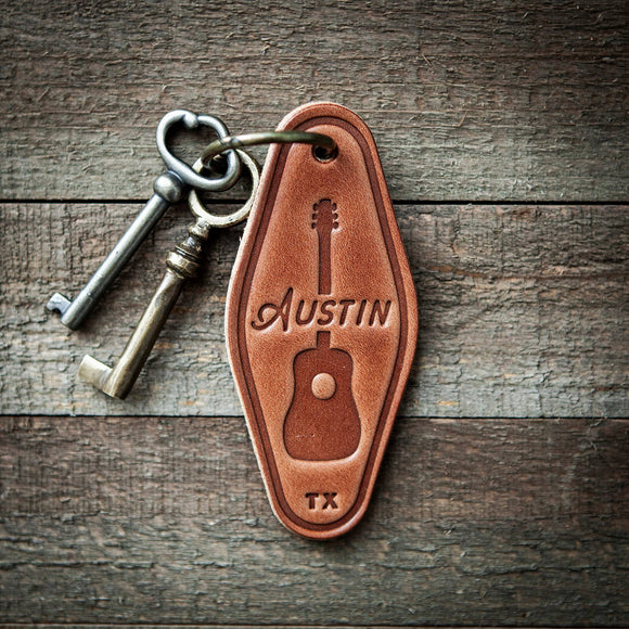 Austin Texas Guitar Leather Keychain