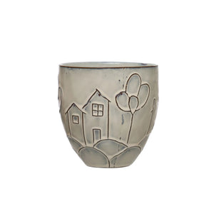 Debossed Stoneware Planter with House