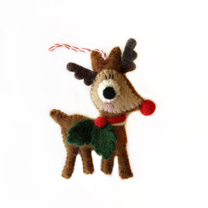 Reindeer with Holly Felt Wool Christmas Ornament