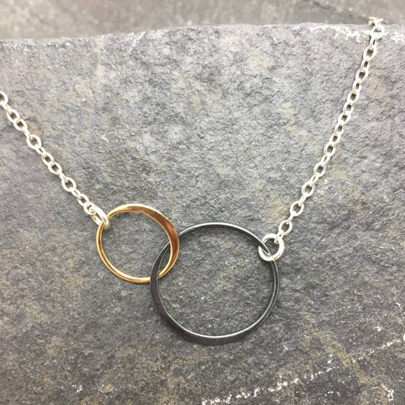 Double Interlocking Circle bronze Black Silver Necklace